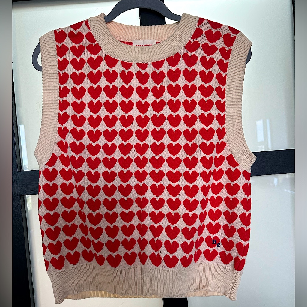 Bobo Choses Red Heart Pattern Crewneck Sweater Vest With Cream Trim